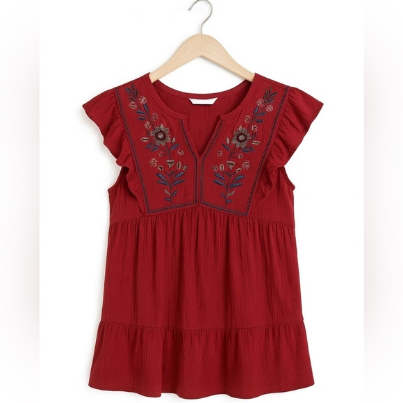 Sonoma XL Embroidered Tiered Flounce Dress Magenta Boho Flutter Sleeve Lined - Picture 3 of 4